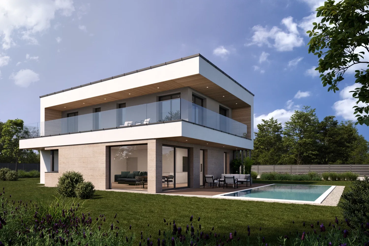 Modern villa kerttel és medencével, építészeti látványterv
